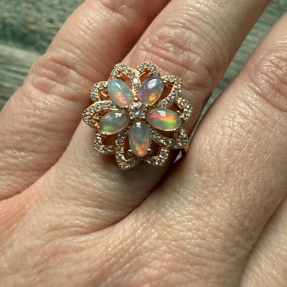 Australian Opal Rose Gold Plated Sterling Silver Flower Ring - Picture 3 of 8